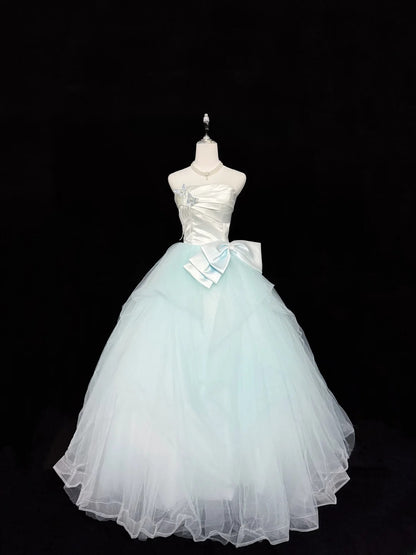 Stunning Ball Gown Strapless Blue Tulle With Bow-knot Quince Dress Voluminous Sweet 16 Sweet Sixteen Outfits Vestido de 15 RB7443