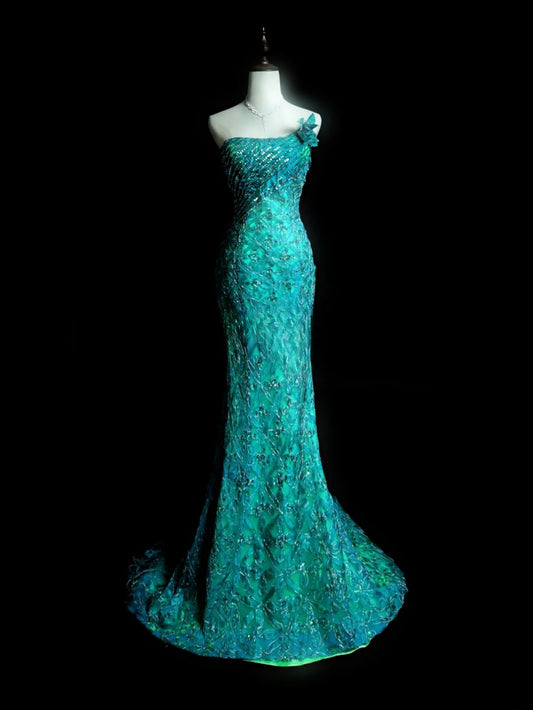 Blaues Meerjungfrauen-Abendkleid mit einer Schulter, Perlenstickerei, dezent, bodenlang, formelles Partykleid RB9874