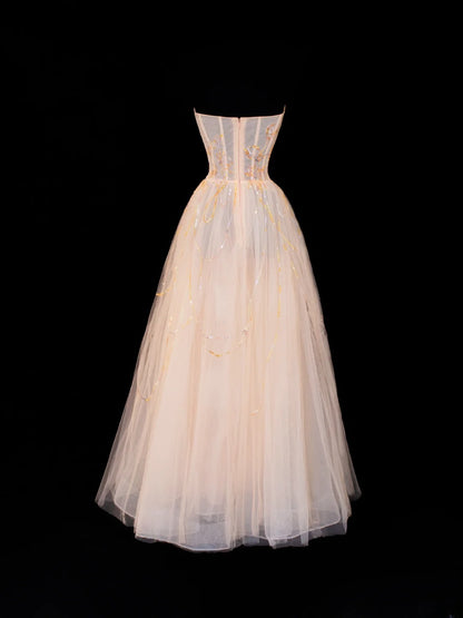 Ball Gowns Prom Dress Aesthetic Strapless Champagne With Lace Style Impress Long Prom Dresses Party Formal Gowns SA072