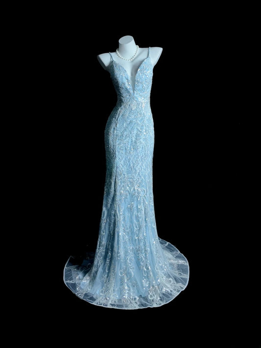 Blaues Abschlussballkleid Inspo Meerjungfrau Spaghettiträger Pailletten dezent langes formelles Partykleid RB9875