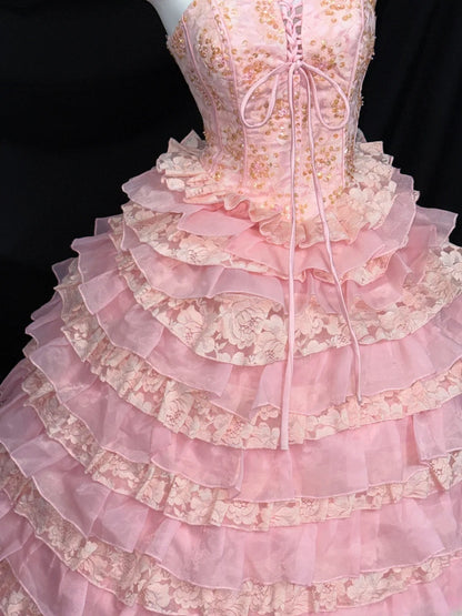 Prinzessin Ballkleid Trägerlos Ärmellos Pink Gestuft Mit Rüschen Blumen Langes Quinceanera Kleid vestido de 15 de cenicienta RB3469
