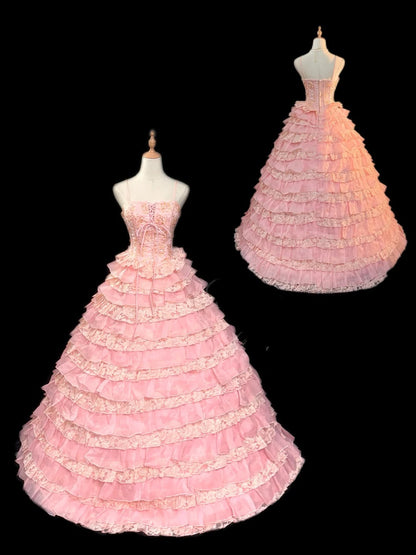 Prinzessin Ballkleid Trägerlos Ärmellos Pink Gestuft Mit Rüschen Blumen Langes Quinceanera Kleid vestido de 15 de cenicienta RB3469