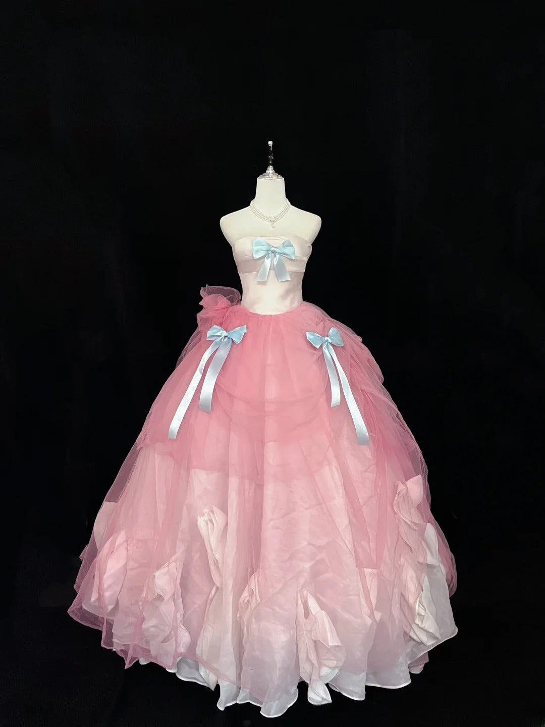 Beautiful Ball Gown Strapless Pink Tulle With Blue Bow-knot Quince Dress Voluminous Sweet 16 Sweet Sixteen Outfits Vestido de 15 RB7444
