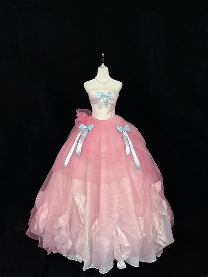 Beautiful Ball Gown Strapless Pink Tulle With Blue Bow-knot Quince Dress Voluminous Sweet 16 Sweet Sixteen Outfits Vestido de 15 RB7444