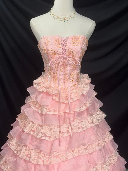 Prinzessin Ballkleid Trägerlos Ärmellos Pink Gestuft Mit Rüschen Blumen Langes Quinceanera Kleid vestido de 15 de cenicienta RB3469