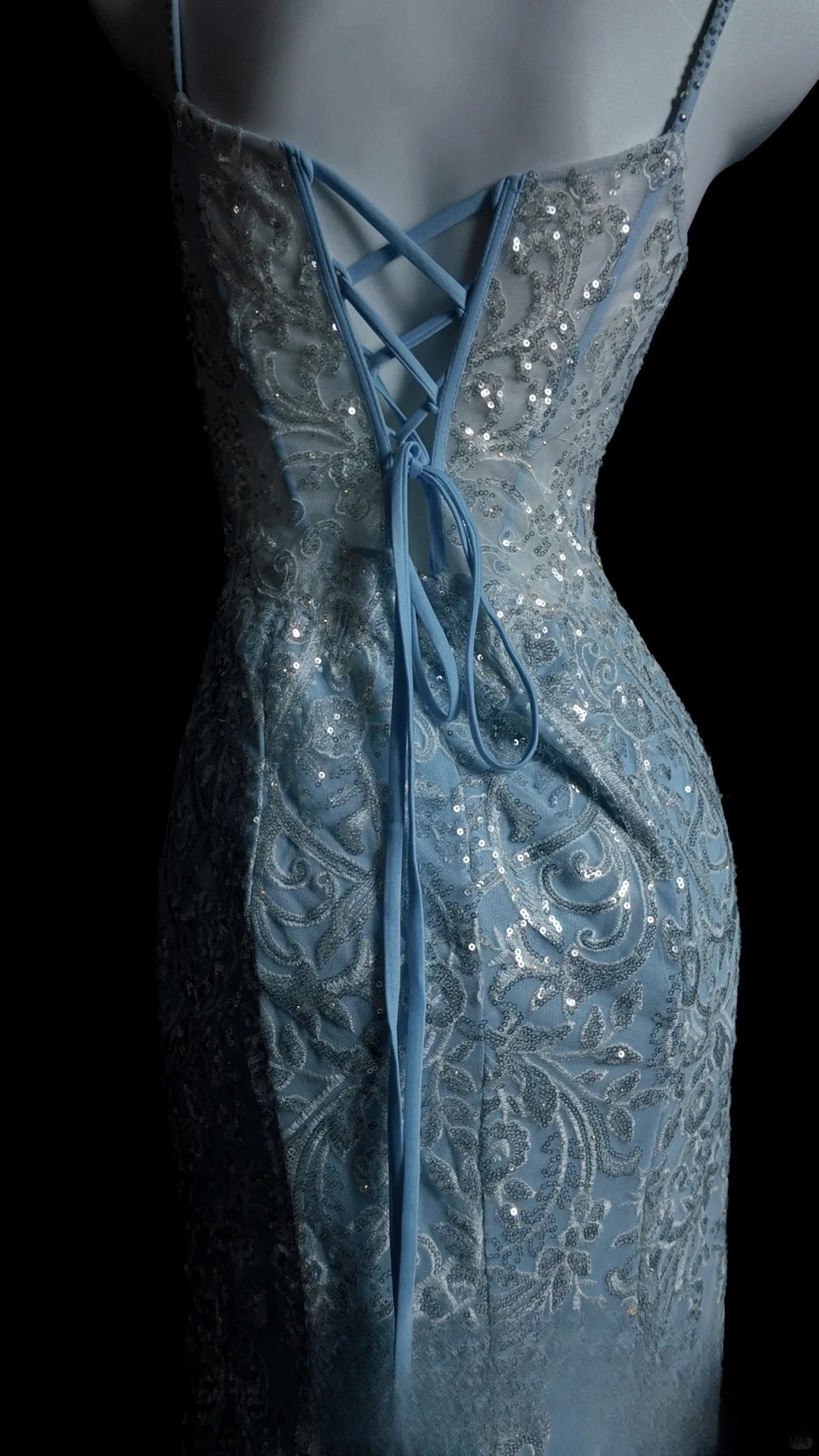 Blue Prom Dress Inspo Mermaid Spaghetti Straps Sequin Modest Long Formal Party Gown RB9875