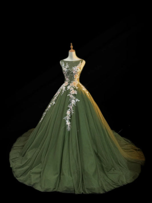 Prinzessin Ballkleid Scoop Olivgrün Ärmellos Mit Applikationen Langes Quinceanera Kleid Vestido de 15 de Cenicienta RB3470