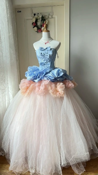 Traumhafte lange trägerlose Ballkleider zum 16. Geburtstag in Blau/Rosa aus Tüll RC0444