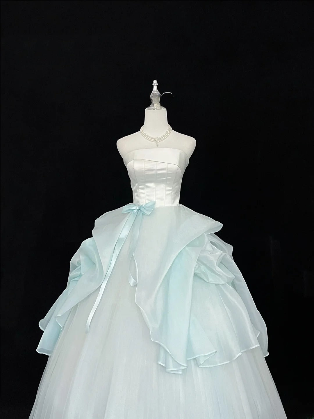 Classy Ball Gown Strapless Blue Tulle With Bow Quince Dress Voluminous Sweet 16 Quinceanera Dresses Vestido de RB7445