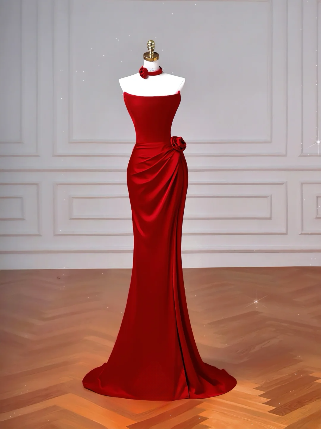 Robe de soirée sirène rouge bustier plissée sans manches, longue et élégante, idéale pour les bals de promo et les dîners entre amies (AQ074).