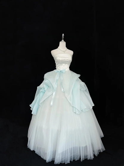 Classy Ball Gown Strapless Blue Tulle With Bow Quince Dress Voluminous Sweet 16 Quinceanera Dresses Vestido de RB7445