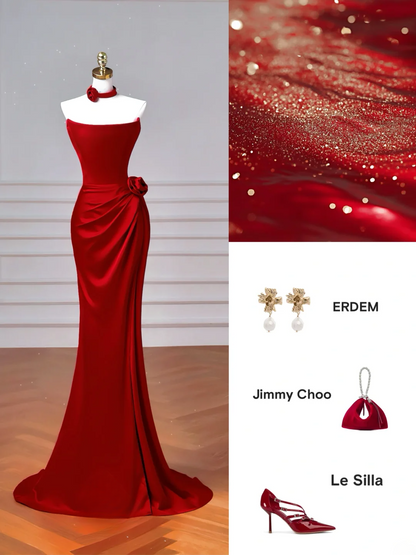 Robe de soirée sirène rouge bustier plissée sans manches, longue et élégante, idéale pour les bals de promo et les dîners entre amies (AQ074).