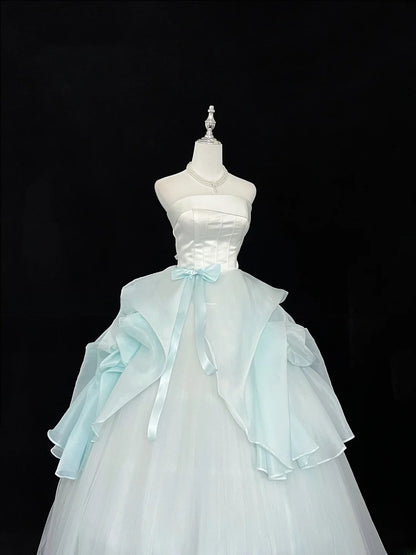 Classy Ball Gown Strapless Blue Tulle With Bow Quince Dress Voluminous Sweet 16 Quinceanera Dresses Vestido de RB7445
