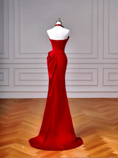 Robe de soirée sirène rouge bustier plissée sans manches, longue et élégante, idéale pour les bals de promo et les dîners entre amies (AQ074).