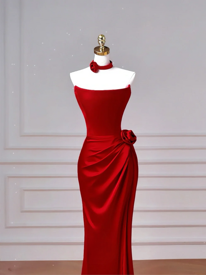 Robe de soirée sirène rouge bustier plissée sans manches, longue et élégante, idéale pour les bals de promo et les dîners entre amies (AQ074).