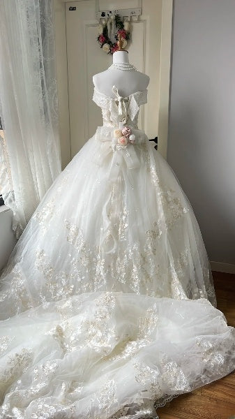 Princess Wedding Dress Ball Gown Off The Shoulder White Tulle With Beading Lace Bridal Gown RC0445