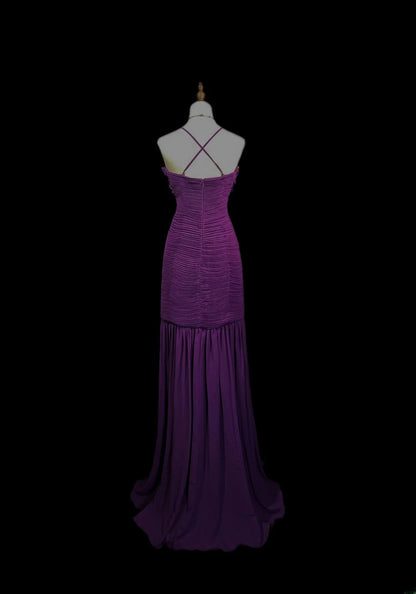 Vintage 80s Prom Dresses Mermaid Spaghetti Strap Purple Chiffon With Ruffled Long Evening Dress Formal Outfits RB5882