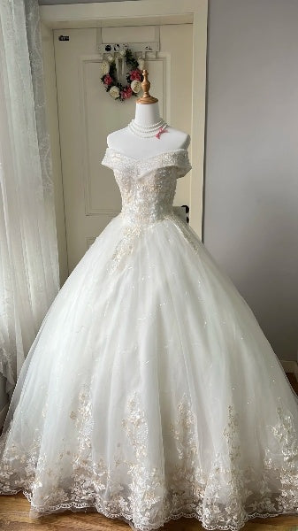 Princess Wedding Dress Ball Gown Off The Shoulder White Tulle With Beading Lace Bridal Gown RC0445
