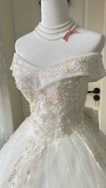 Princess Wedding Dress Ball Gown Off The Shoulder White Tulle With Beading Lace Bridal Gown RC0445
