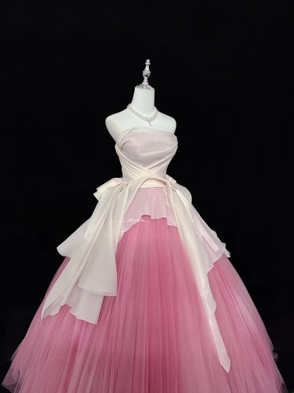 Classy Ball Gown Strapless Pink Tulle With Bow Quince Dress Voluminous Sweet 16 Quinceanera Dresses Vestido de RB7446