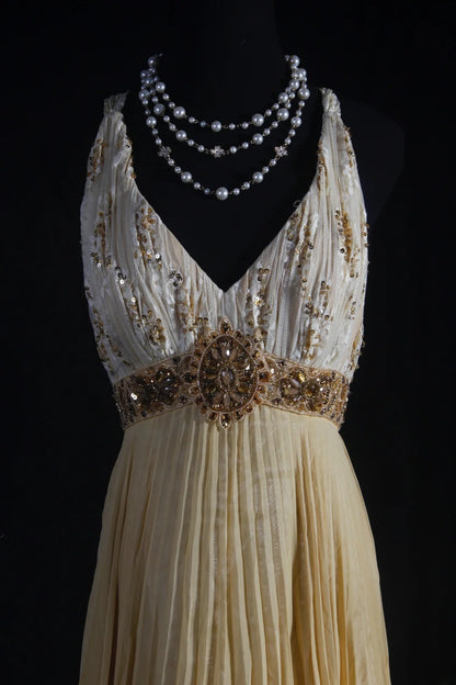 Cocktailkleid für Damen im 80er-Jahre-Stil, A-Linie, V-Ausschnitt, Chiffon, plissiert, mit Perlen, langes Kleid für Abschlussfeiern, Ballkleider AS075