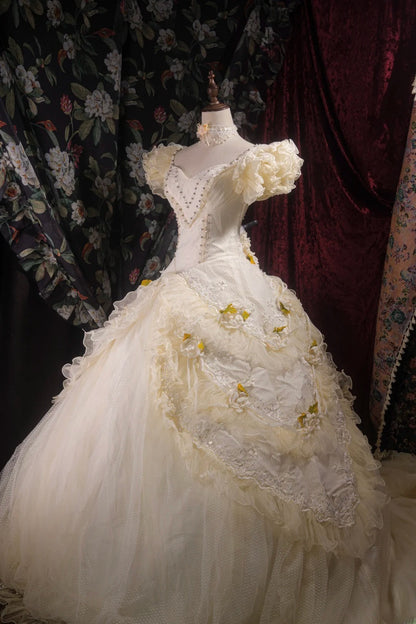 Vintage Ball Gown Sweetheart Light Yellow Tulle With Flowers Tulle Long Autumn Brides Gown Bridal Dress Wedding Dresses RB8095