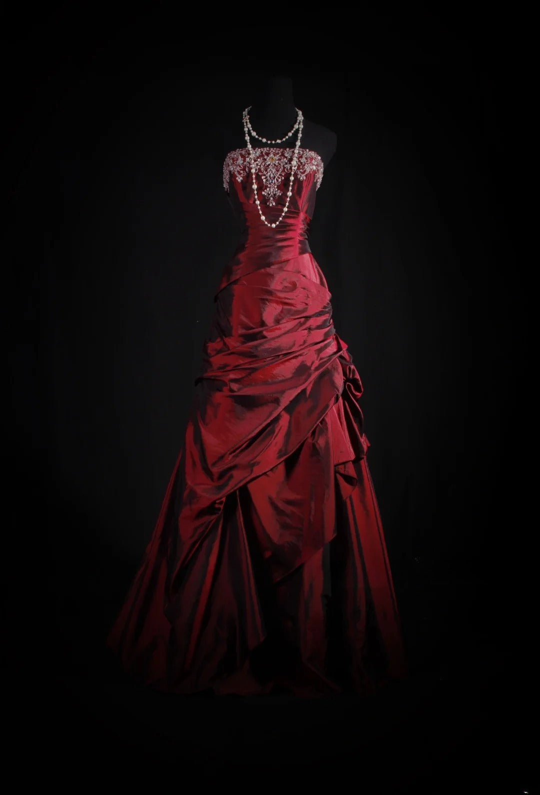 Vintage Ballkleid, trägerlos, burgunderrot, dunkelsatin, mit Perlen, Retro-Stil der 1950er Jahre, elegant, für Geburtstag, Abendessen oder Abschlussball, AS076