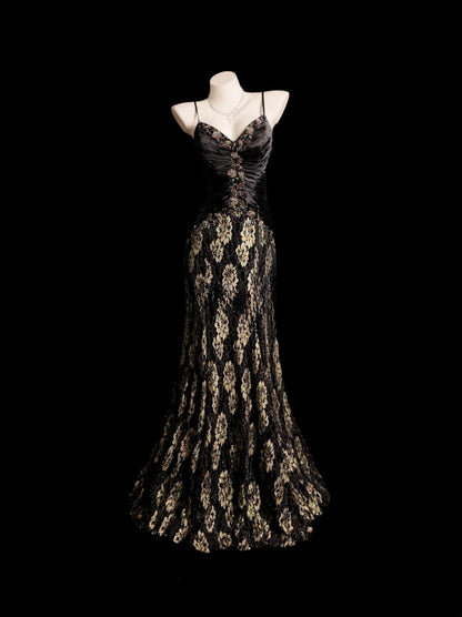 Black Prom Dress Inspo Mermaid Spaghetti Straps Gold Lace Modest Long Formal Party Gown RB9878