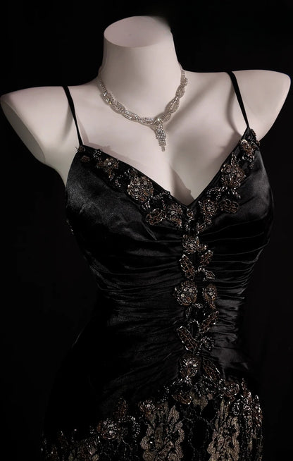 Black Prom Dress Inspo Mermaid Spaghetti Straps Gold Lace Modest Long Formal Party Gown RB9878