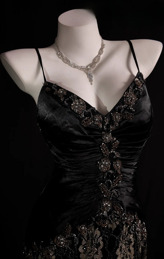 Schwarzes Abschlussballkleid Inspo Meerjungfrau Spaghettiträger Goldspitze Dezent Langes formelles Partykleid RB9878