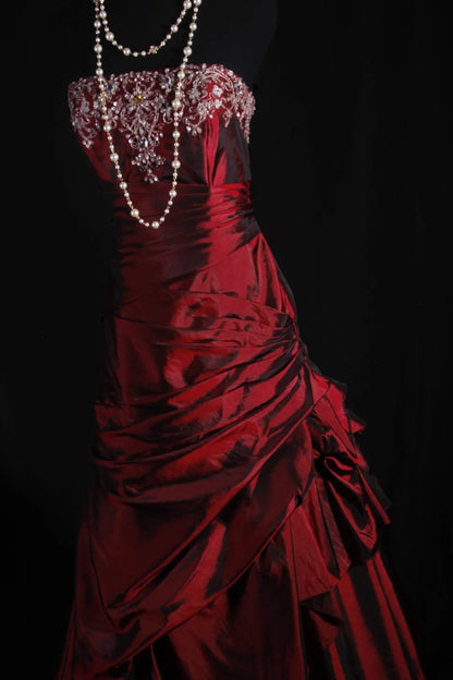 Vintage Ballkleid, trägerlos, burgunderrot, dunkelsatin, mit Perlen, Retro-Stil der 1950er Jahre, elegant, für Geburtstag, Abendessen oder Abschlussball, AS076