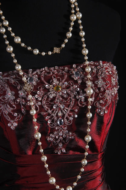 Vintage Ballkleid, trägerlos, burgunderrot, dunkelsatin, mit Perlen, Retro-Stil der 1950er Jahre, elegant, für Geburtstag, Abendessen oder Abschlussball, AS076