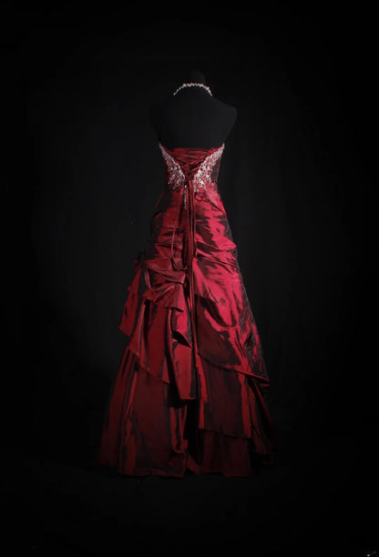Vintage Ballkleid, trägerlos, burgunderrot, dunkelsatin, mit Perlen, Retro-Stil der 1950er Jahre, elegant, für Geburtstag, Abendessen oder Abschlussball, AS076