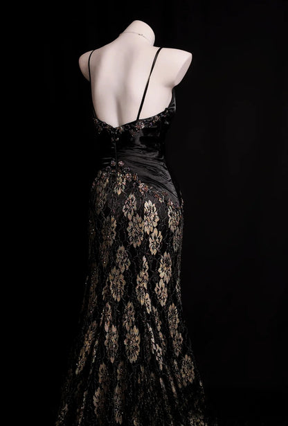 Black Prom Dress Inspo Mermaid Spaghetti Straps Gold Lace Modest Long Formal Party Gown RB9878