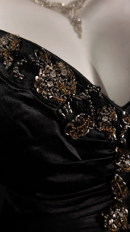 Black Prom Dress Inspo Mermaid Spaghetti Straps Gold Lace Modest Long Formal Party Gown RB9878