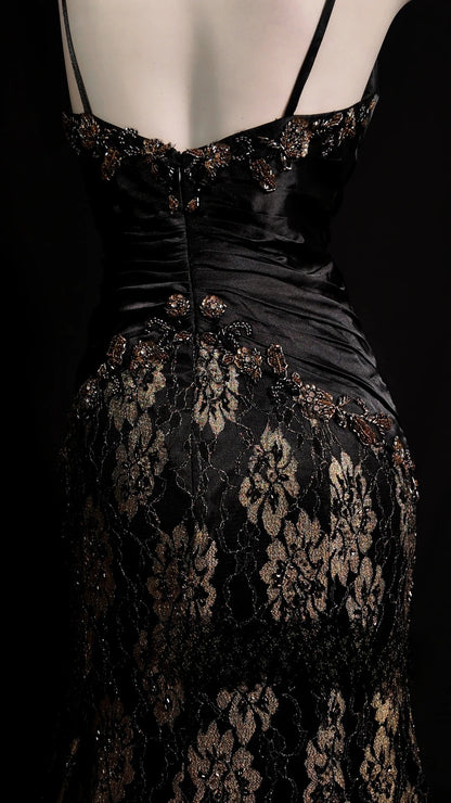 Black Prom Dress Inspo Mermaid Spaghetti Straps Gold Lace Modest Long Formal Party Gown RB9878
