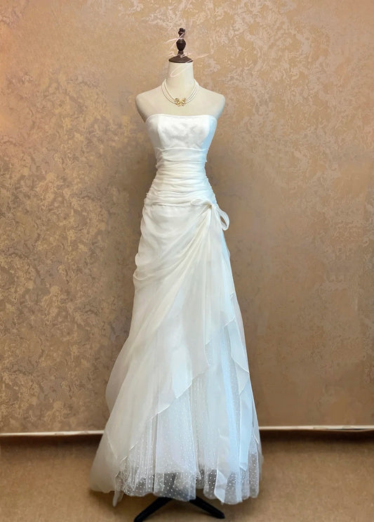 Minimalist Mermaid Wedding Dress Strapless Floor Length With Ruffles Long White Bridal Gown RB9056