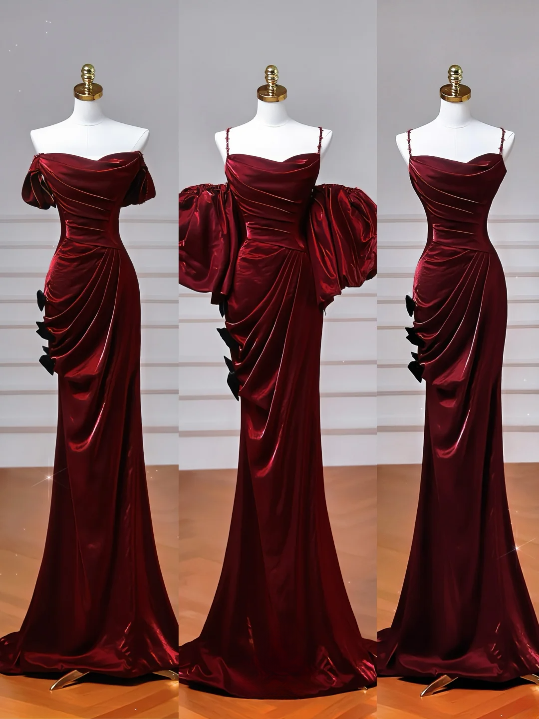 Robe de bal longue bordeaux à fines bretelles et manches courtes, style sirène, élégante, idéale pour les soirées dansantes et les fêtes (AQ077)