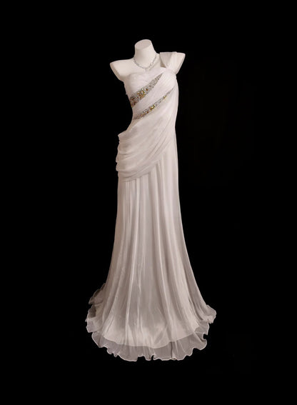 White Prom Dress Mermaid One Shoulder Chiffon With Beading Modest Formal Party Gown RB9879