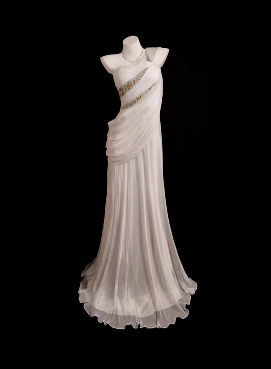 White Prom Dress Mermaid One Shoulder Chiffon With Beading Modest Formal Party Gown RB9879