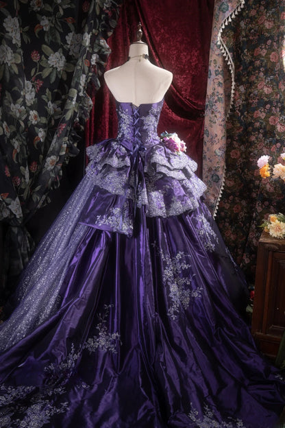 Elegant Ball Gown Strapless Purple Satin With Ruffled Tiered Long Quince Dress Quinceanera Dresses Formal Birthday Outfits RB8096