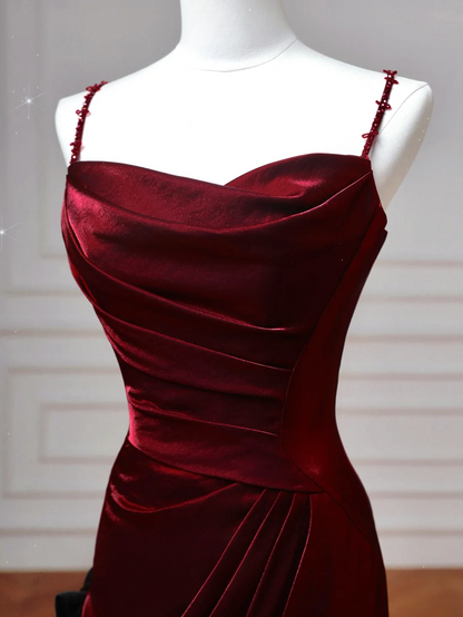 Robe de bal longue bordeaux à fines bretelles et manches courtes, style sirène, élégante, idéale pour les soirées dansantes et les fêtes (AQ077)