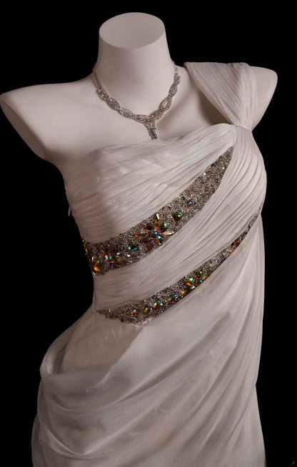 White Prom Dress Mermaid One Shoulder Chiffon With Beading Modest Formal Party Gown RB9879