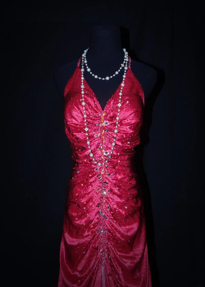 Robe de bal longue sans manches en satin rose fuchsia, style sirène, dos nu, AS077