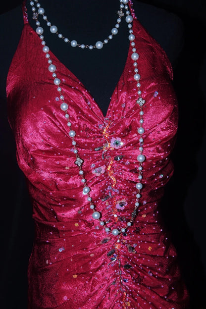 Robe de bal longue sans manches en satin rose fuchsia, style sirène, dos nu, AS077