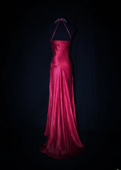 Robe de bal longue sans manches en satin rose fuchsia, style sirène, dos nu, AS077
