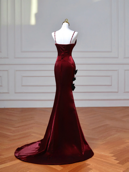 Robe de bal longue bordeaux à fines bretelles et manches courtes, style sirène, élégante, idéale pour les soirées dansantes et les fêtes (AQ077)