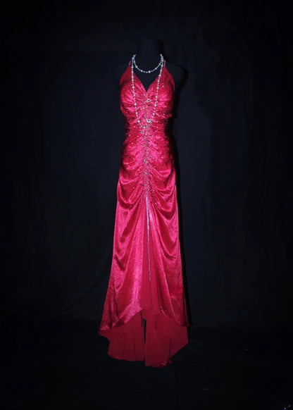 Robe de bal longue sans manches en satin rose fuchsia, style sirène, dos nu, AS077