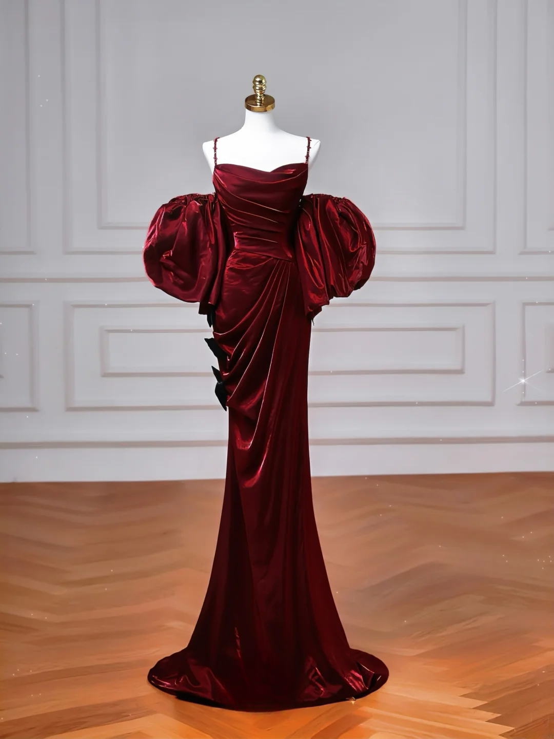 Robe de bal longue bordeaux à fines bretelles et manches courtes, style sirène, élégante, idéale pour les soirées dansantes et les fêtes (AQ077)
