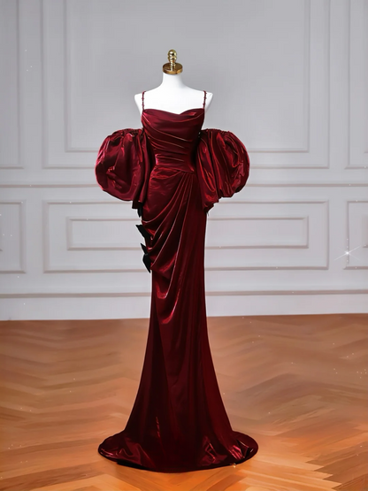 Robe de bal longue bordeaux à fines bretelles et manches courtes, style sirène, élégante, idéale pour les soirées dansantes et les fêtes (AQ077)